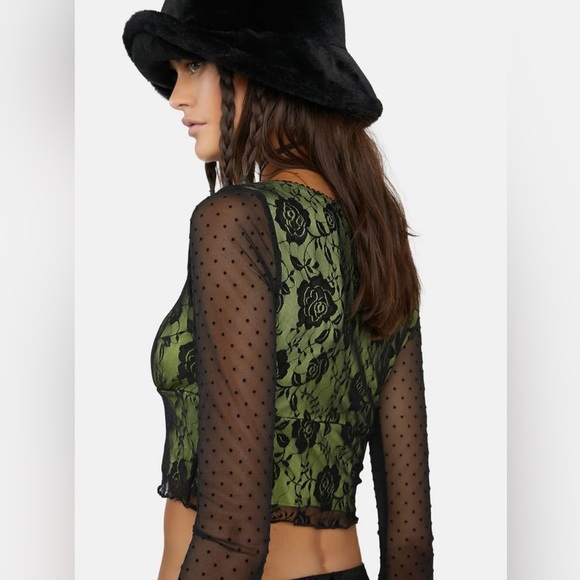 Dollskill Off The Path Green Lace Black Long Sleeve Crop Beetlejuice Halloween - Picture 3 of 3